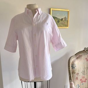 Ralph Lauren Pink and White Striped Classic Prep Shirt